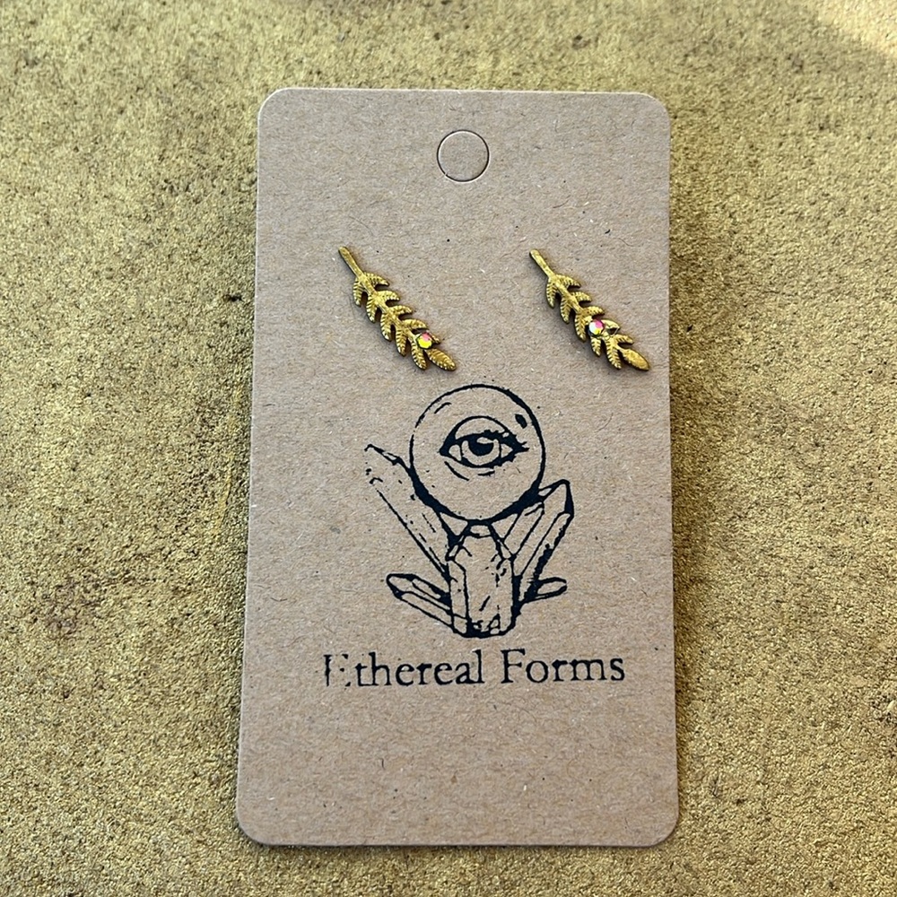Gold tree sprig plant leaf post earrings with rhinestones